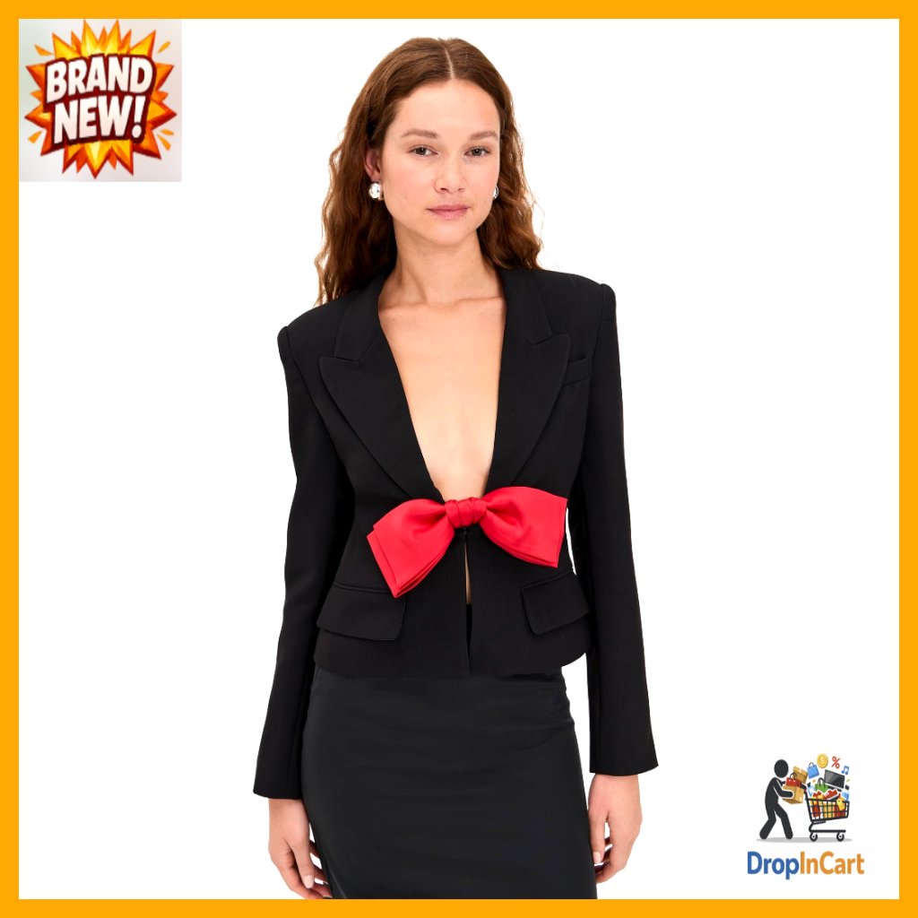 Bow Front Blazer Classic Chic Semi-Formal Peaked Lapels Padded Shoulders